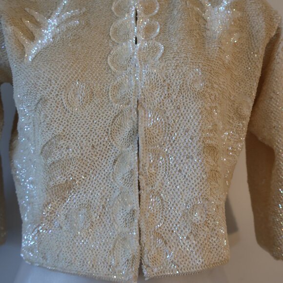 Womens Made in British Crown Colony of Hong Kong Ivory Sequined Blazer Jacket M - Picture 6 of 12